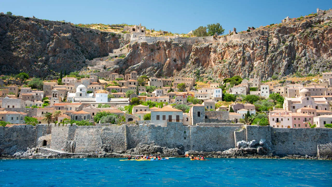 The medieval stone-built town of Monemvasia on a rock in the sea, Greece.