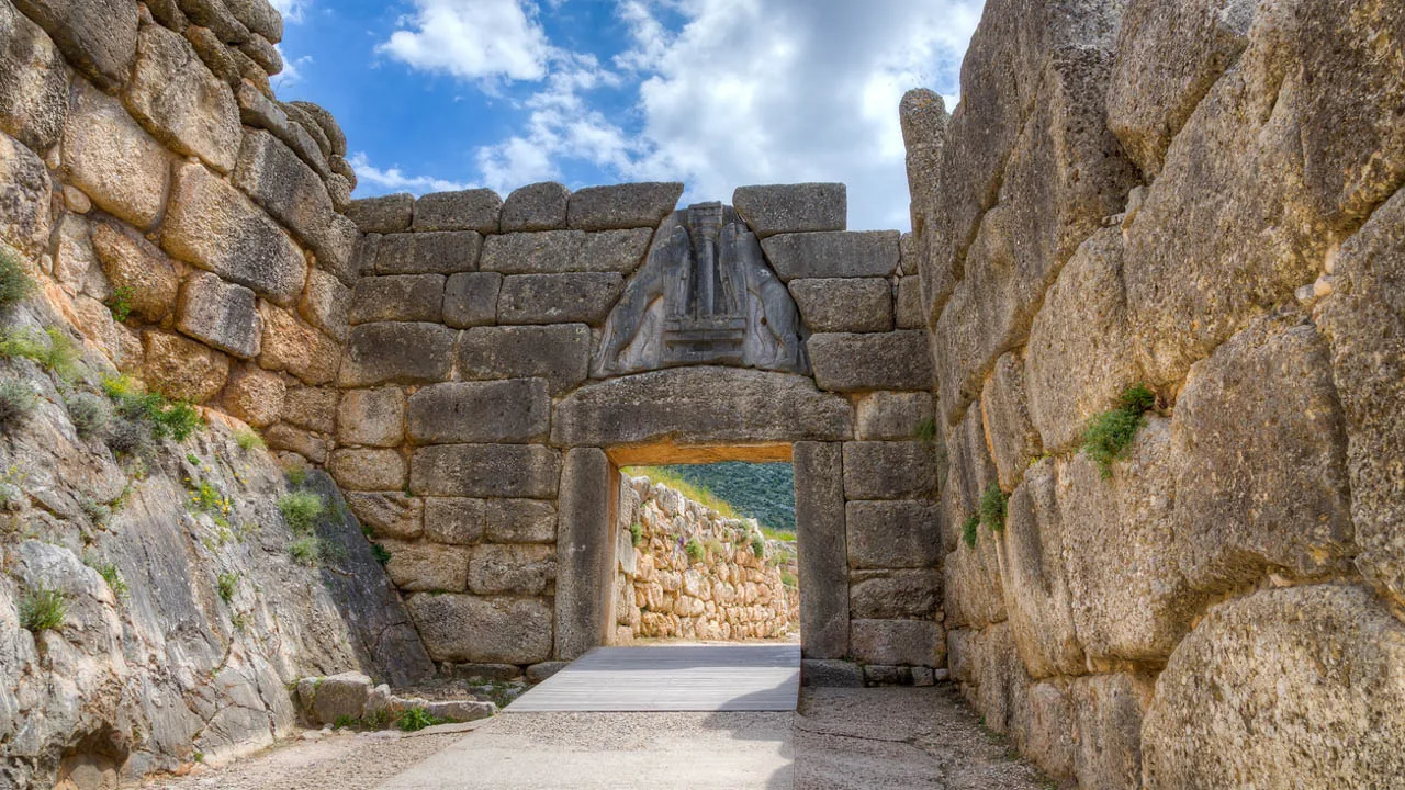 The ancient Lion Gate entrance to the Bronze Age citadel of Mycenae in Greece.