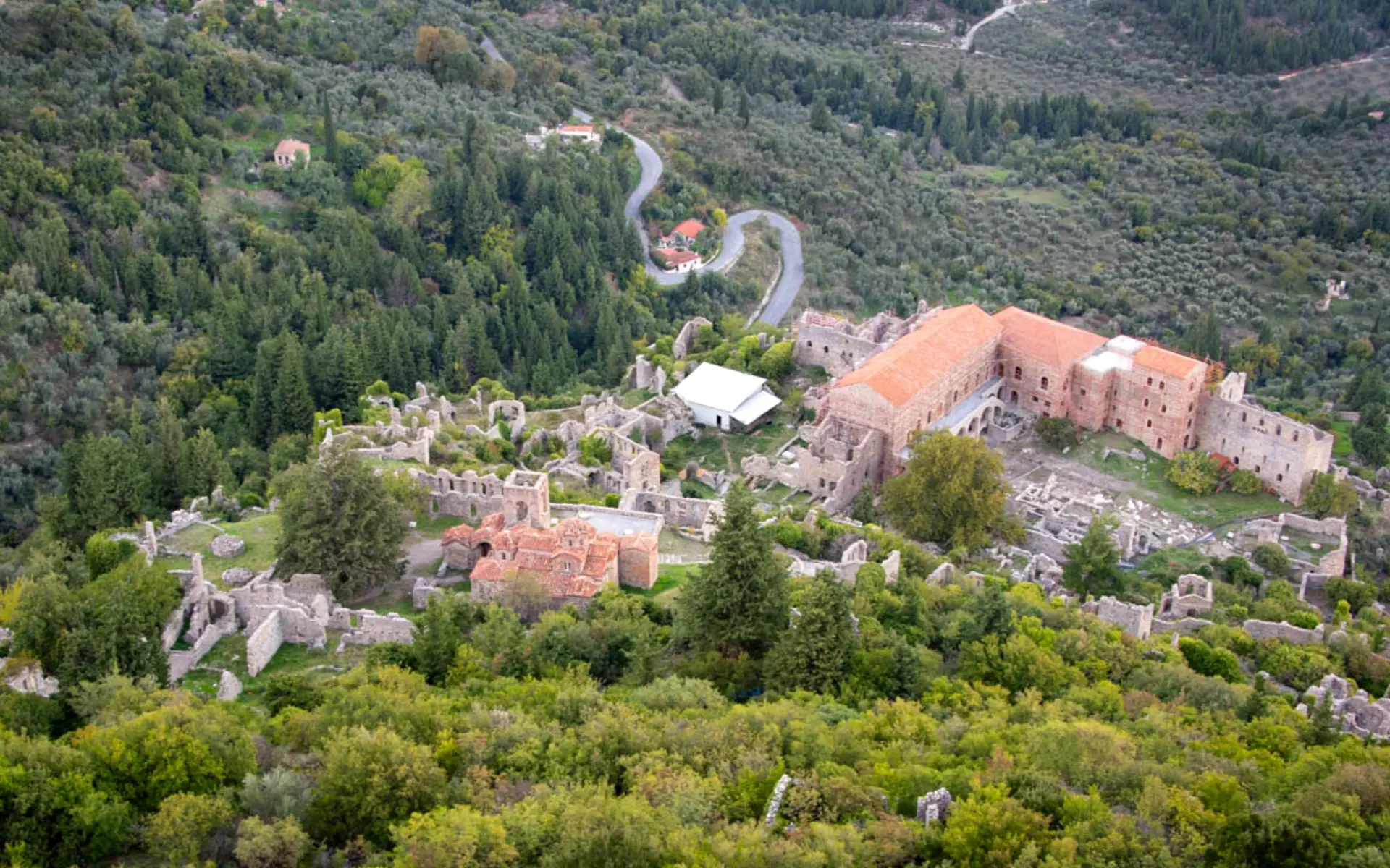 The ruins of the Palace of the Despots in Mystras overlooking the Spartan valley in Greece.