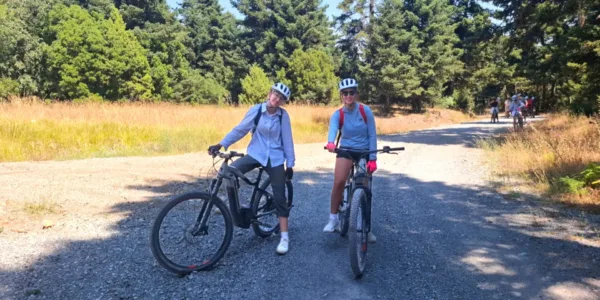 Cyclists riding through Menalon forest, exploring with a mountain bike the Peloponnese.